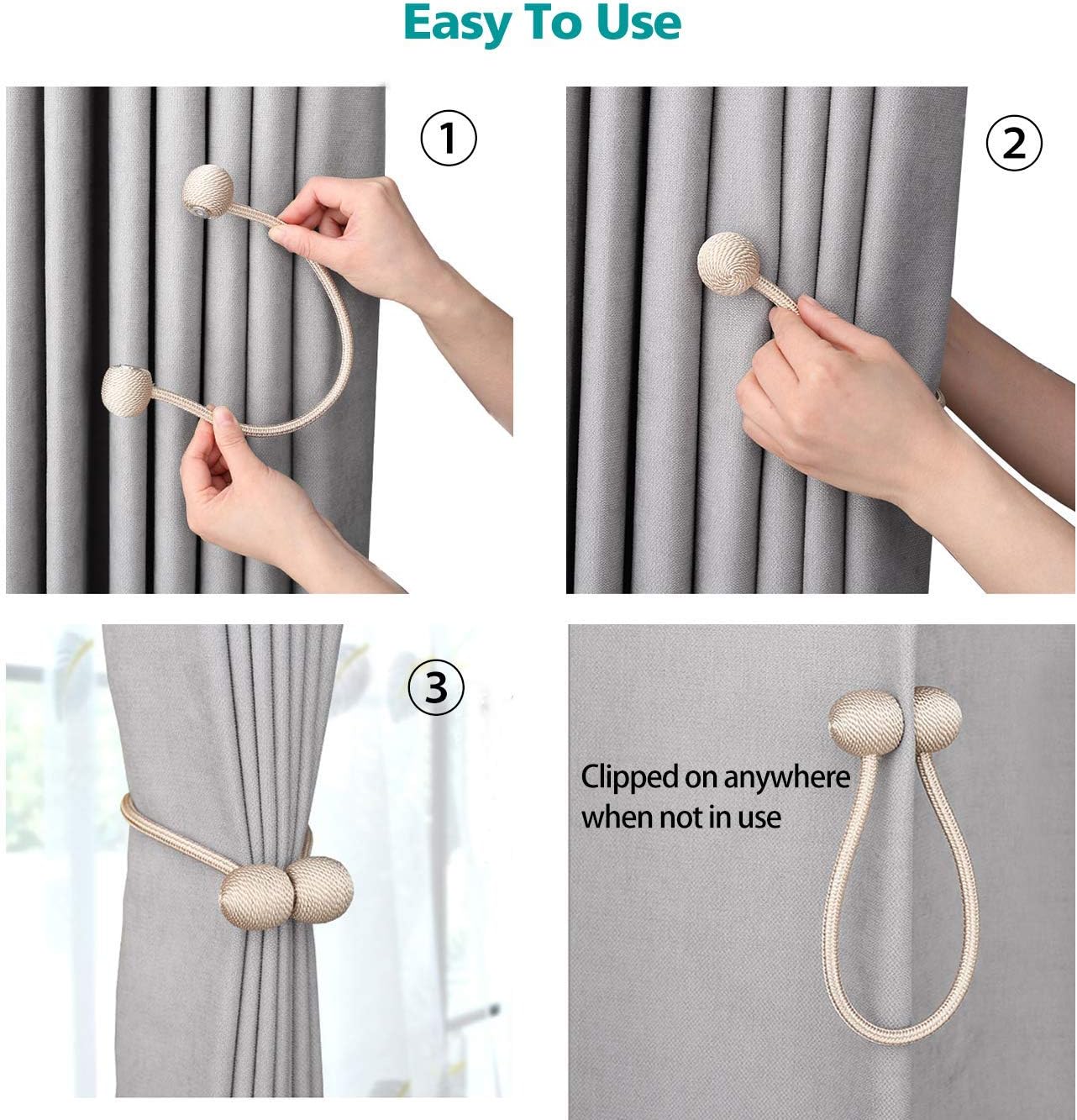 Magnetic Curtain Tiebacks,The Most Convenient Drape Tie Backs,Decorative Rope Holdback Holder for Small, Thin or Sheer Window Drapries,2 Pack-White : Home & Kitchen