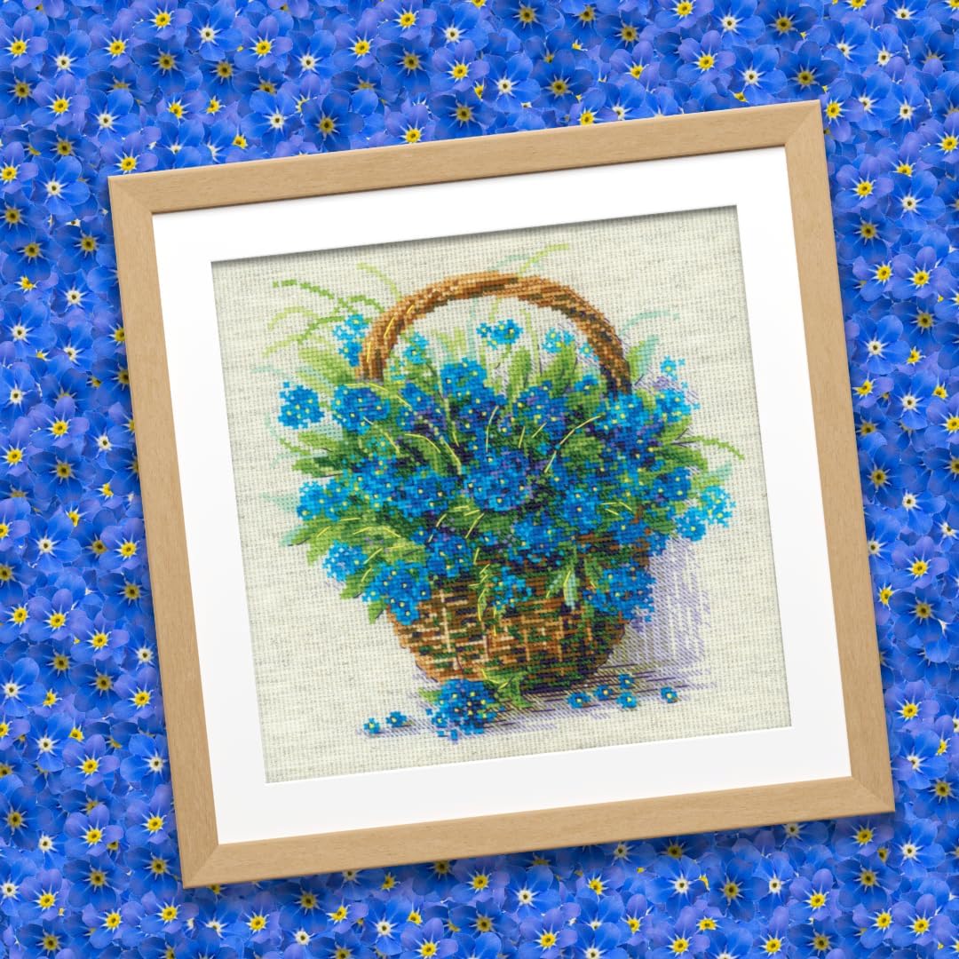RIOLIS - Forget Me Nots in a Basket 2170, Cross Stitch Kits 8¾" x 8¾", Cross Stitch Kits for Adults, Floral Counted Cross Stitch Kits, Embroidery Kit for Beginners & Advanced, Crossstitching Kits