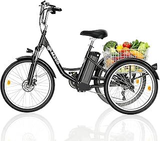 Elektrisches Dreirad 24 Zoll E-Dreirad für Erwachsene Senioren, 250W Motor E-Bike 3 Räder mit 36V 18Ah Abnehmbarer Batterie, Elektrofahrrad 25 Km/h 7-Gang, Großer Korb & LCD-Display