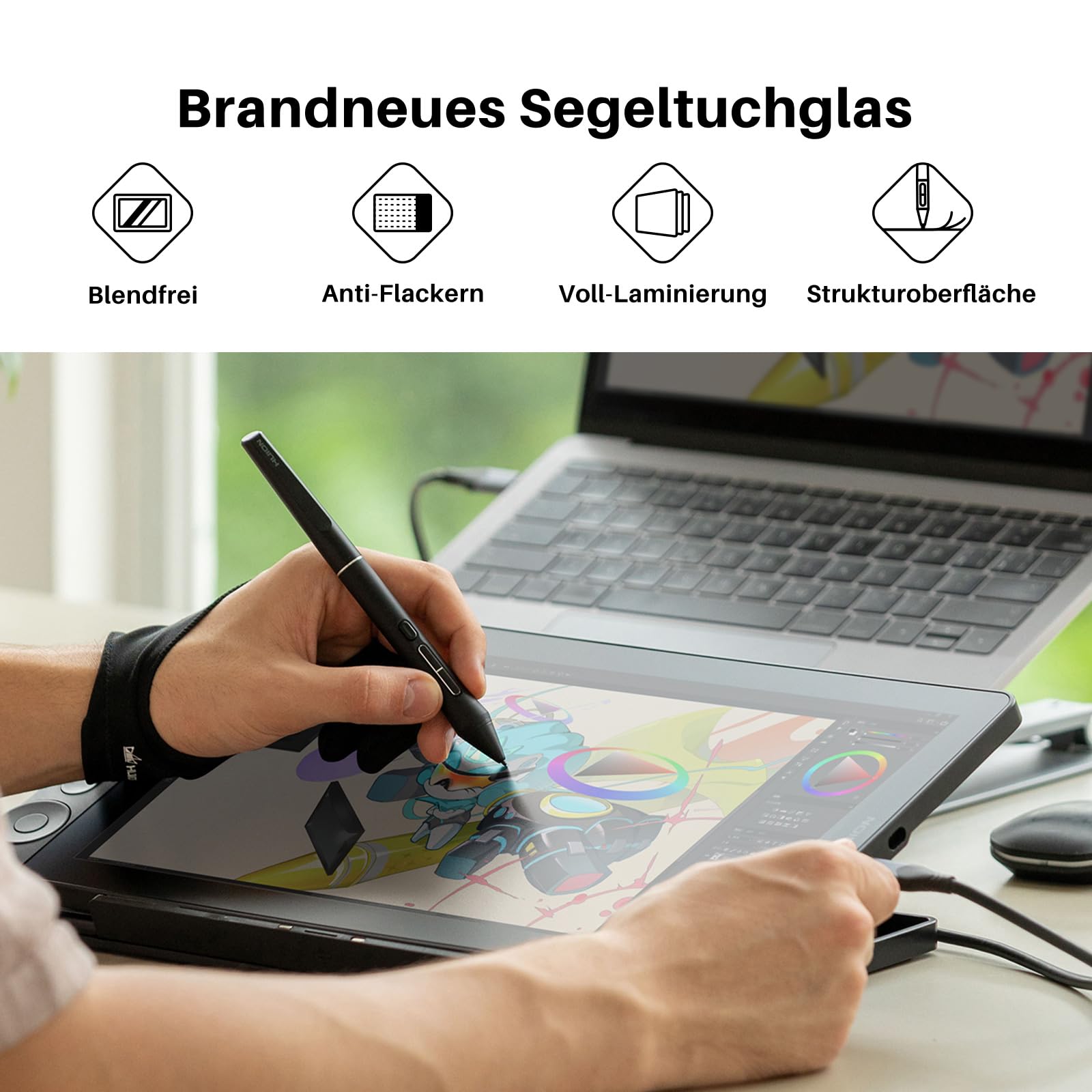 HUION Kamvas 13 Gen 3 Grafiktablett mit Display, 13,3 Zoll Anti-Glare Glas Zeichentablett mit PenTech 4.0, 16384 Stiftdruck, 5 Drucktasten, Dual Dial Perfekt für Designer, Künstler, Schwarz