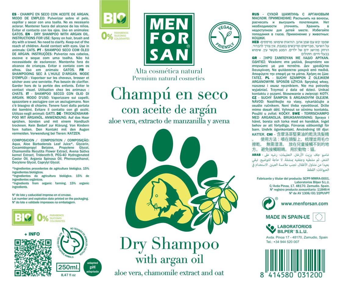 MENFORSAN Shampoo Secco all'Olio di Argan per Gatti, 250 ml