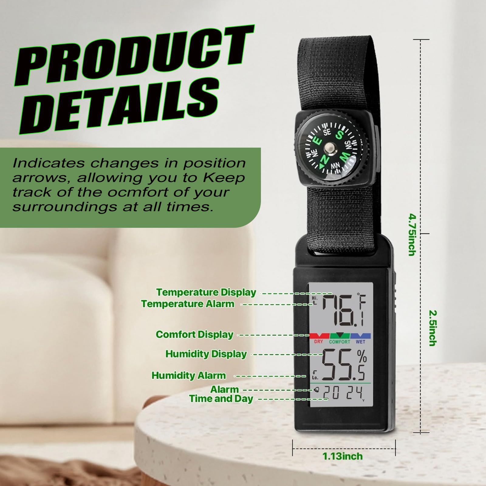 Thermomètre hygromètre portable d'intérieur et d'extérieur avec détection précise de la température et de l'humidité, boussole cruciale pour un espace de vie confortable, camping, atelier. Obtenez-le