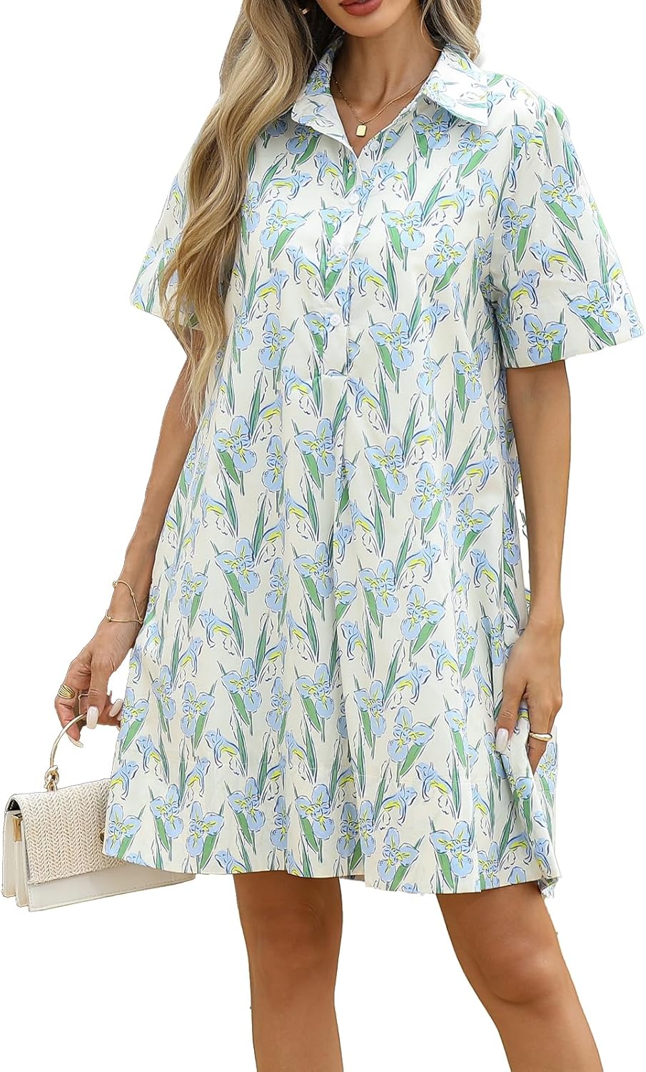 LifeShe Summer Floral Dress Women's Printed Casual Sundress Short Sleeve Button Up Shirt Dresses with Pockets