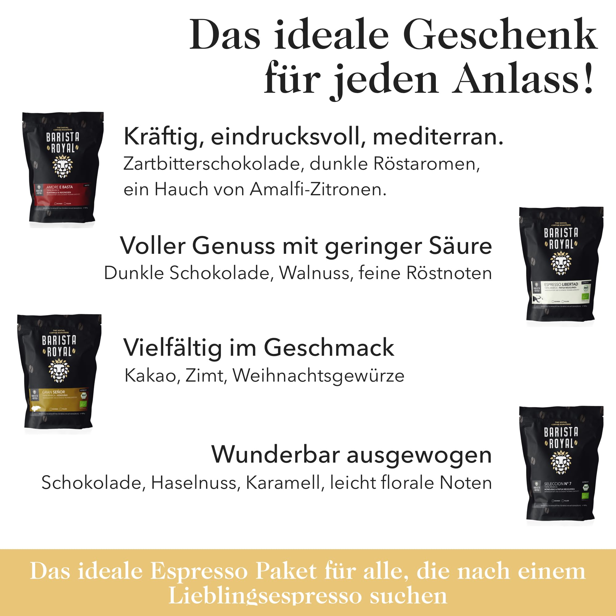 Espresso Bohnen Probierset 4 x 350g Espressobohnen | Entdeckerpaket/Probierpaket | Robusta & Arabica | Ideal für Vollautomat und Siebträger | BARISTA ROYAL