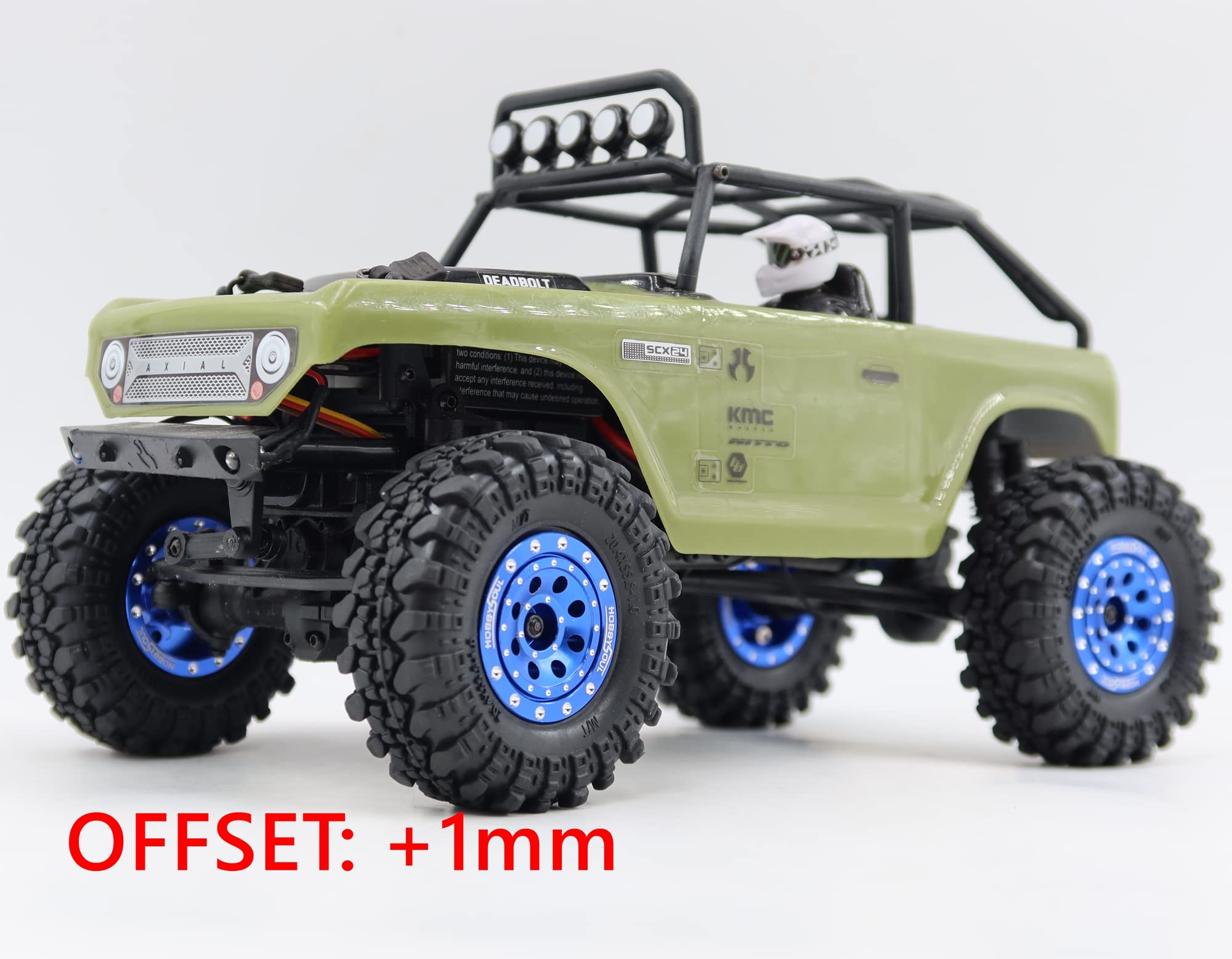 hobbysoul 1/24 Reifen montiert auf schweren verstellbaren Offset 1,0 Beadlock Rädern blau, 7mm Sechskantfelgen 1,0 Beadlock-Räder und Reifen für 1/18 TRX4M 1/24 RC Crawler Axial SCX24, (4er-Pack)