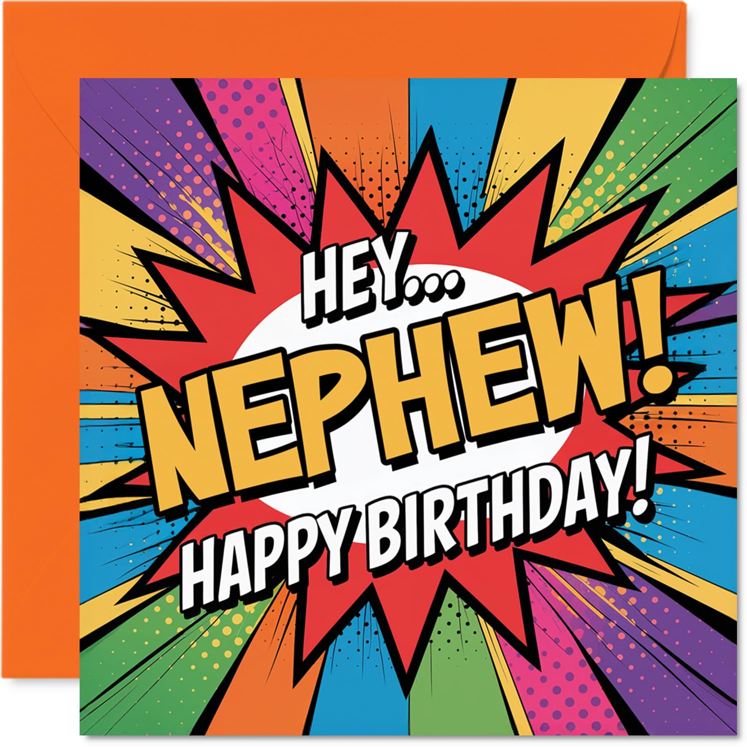 Playful Birthday Card for Nephew - Hey... Nephew! - Vibrant Comic-style in Bold Multicolour - Playful Design Guaranteed to Stand Out - 145mm Square, Envelope Included