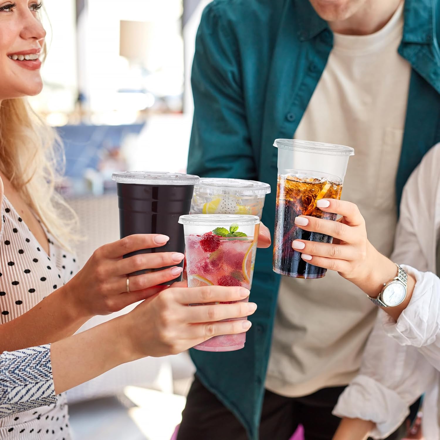 Skylety 500 Sets 24oz Clear Plastic Cups with Flat Lids Bulk Pet Disposable Plastic Cold Party Drinking Cups for Iced Coffee Shakes Soda Juice or Any Cold Drinks