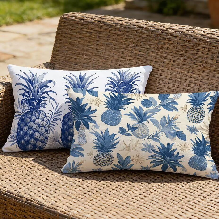 Housse de coussin extérieur 40x60 imperméable aspect lin bleu pour canapé