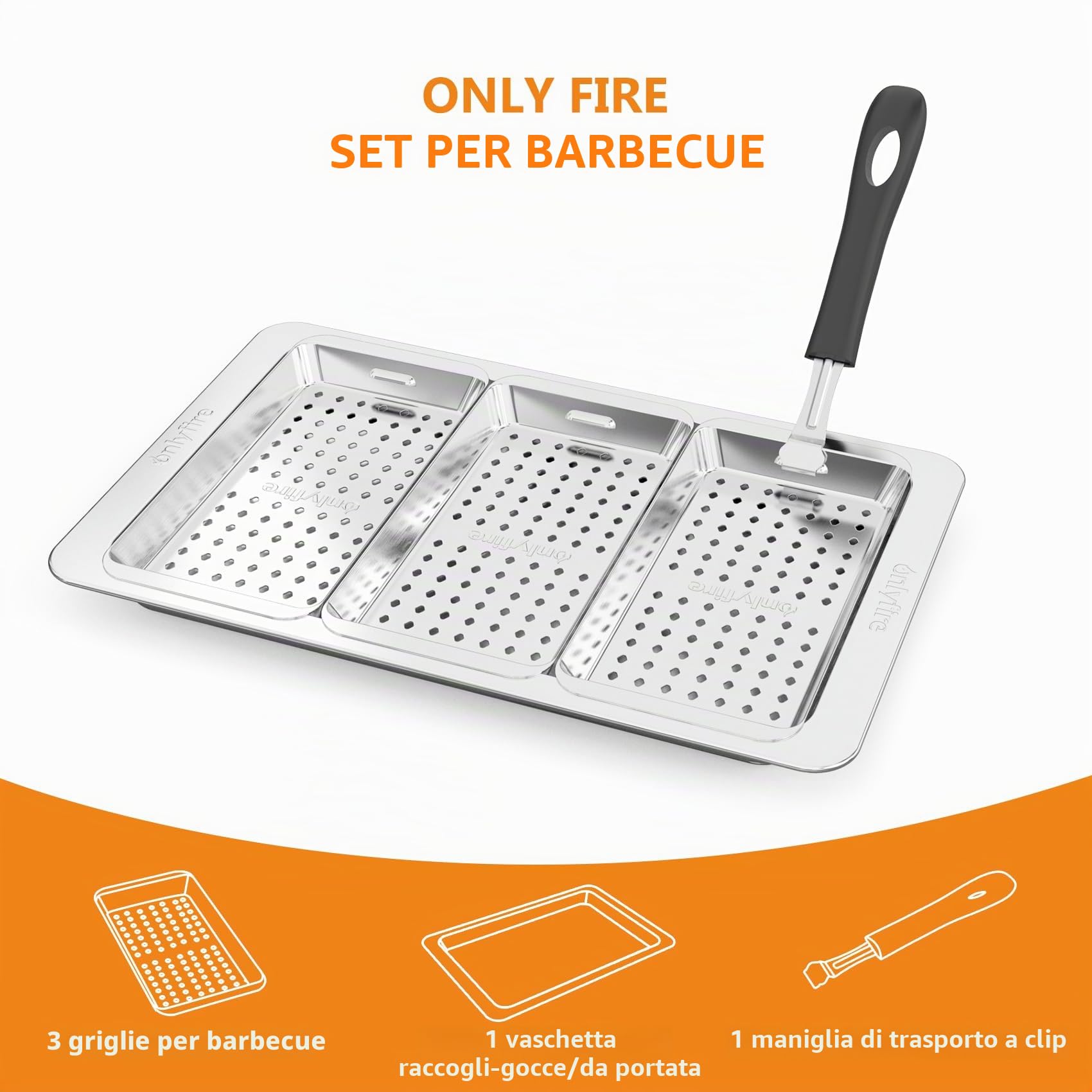 onlyfire Set di Cestello per Barbecue, 3 Cestino per Verdure da Barbecue in Acciaio Inox con Vassoio di Servizio e Manico a Clip, Cestello Forata per Grigliate di Pesce, Verdure e Carne