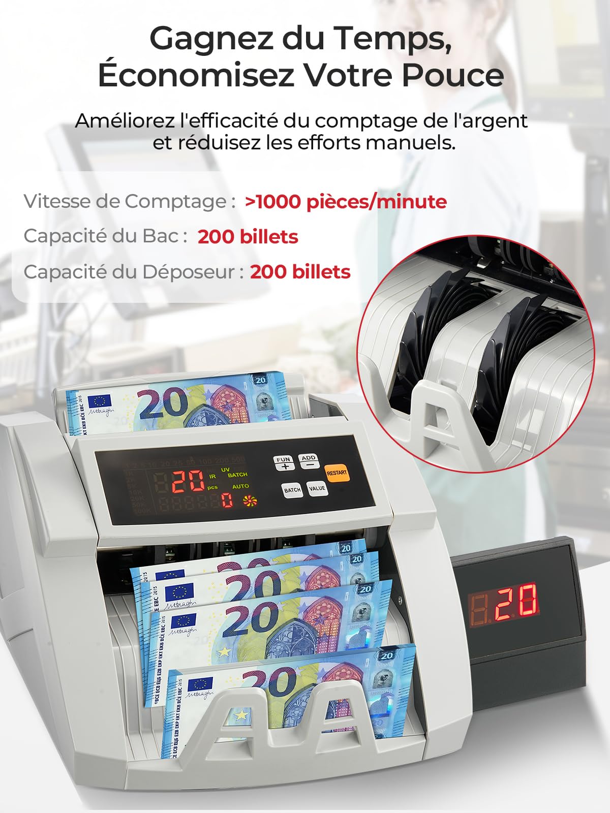 Machine à Compter les Billets FOHERE, Compteuse de Billets avec Détection de Contrefaçon UV/MG/IR/DD, 1100 Billets/Minute, Affichage LCD, Modes Valeur et Lot pour Magasins, Banques et Restaurants