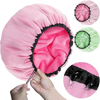 Sheomern 2 Pcs 13.5" Dual Waterproof Design Adjustable Terry Shower Cap for Women and Men, EVA Double Layer Bath Cap Reusable for Braids, Long Hair, Dreadlocks