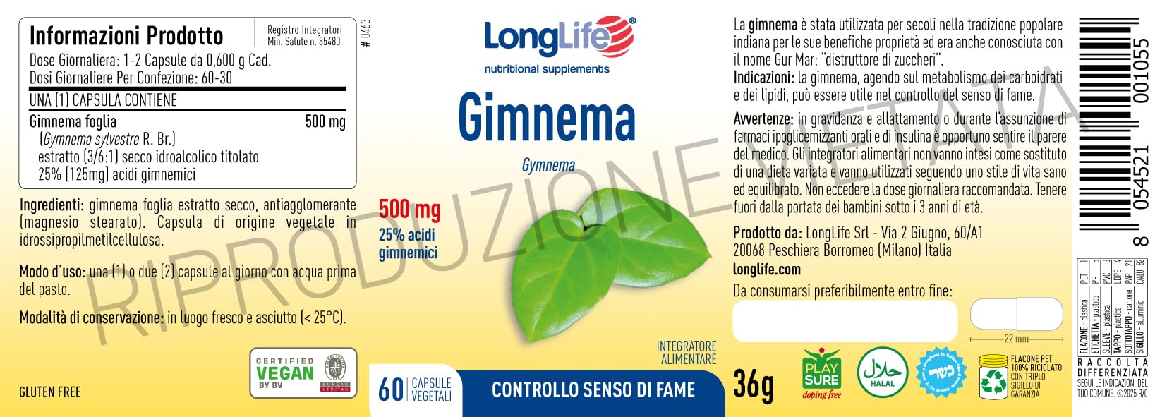 LongLife® Gimnema | Estratto titolato al 25% acidi gimnemici | Supporto metabolismo dei carboidrati | Controllo del senso di fame | Fino a due mesi trattamento | Vegano e senza glutine