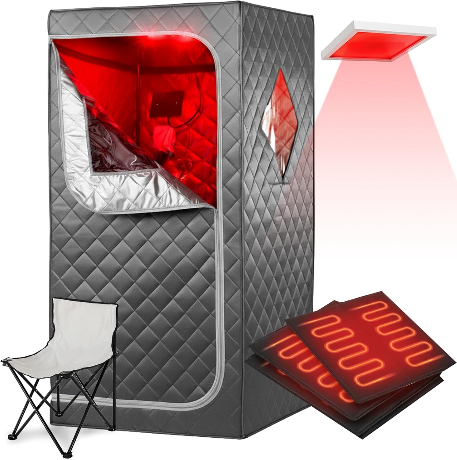 Full Size Portable Personal Infrared Sauna for Home, Personal Home Spa Tent with Remote Control, Heating Foot Pad, Foldable Reinforced Chair (Grey, L33.8 x W 33.8" x H 66.5"