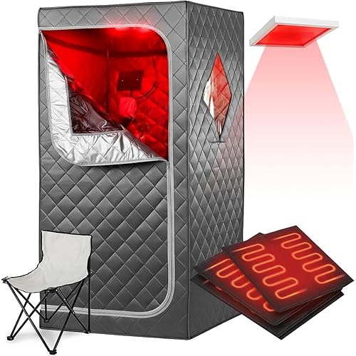 Full Size Portable Personal Infrared Sauna for Home, Personal Home Spa Tent with Remote Control, Heating Foot Pad, Foldable Reinforced Chair （Grey, L33.8 x W 33.8" x H 66.5"