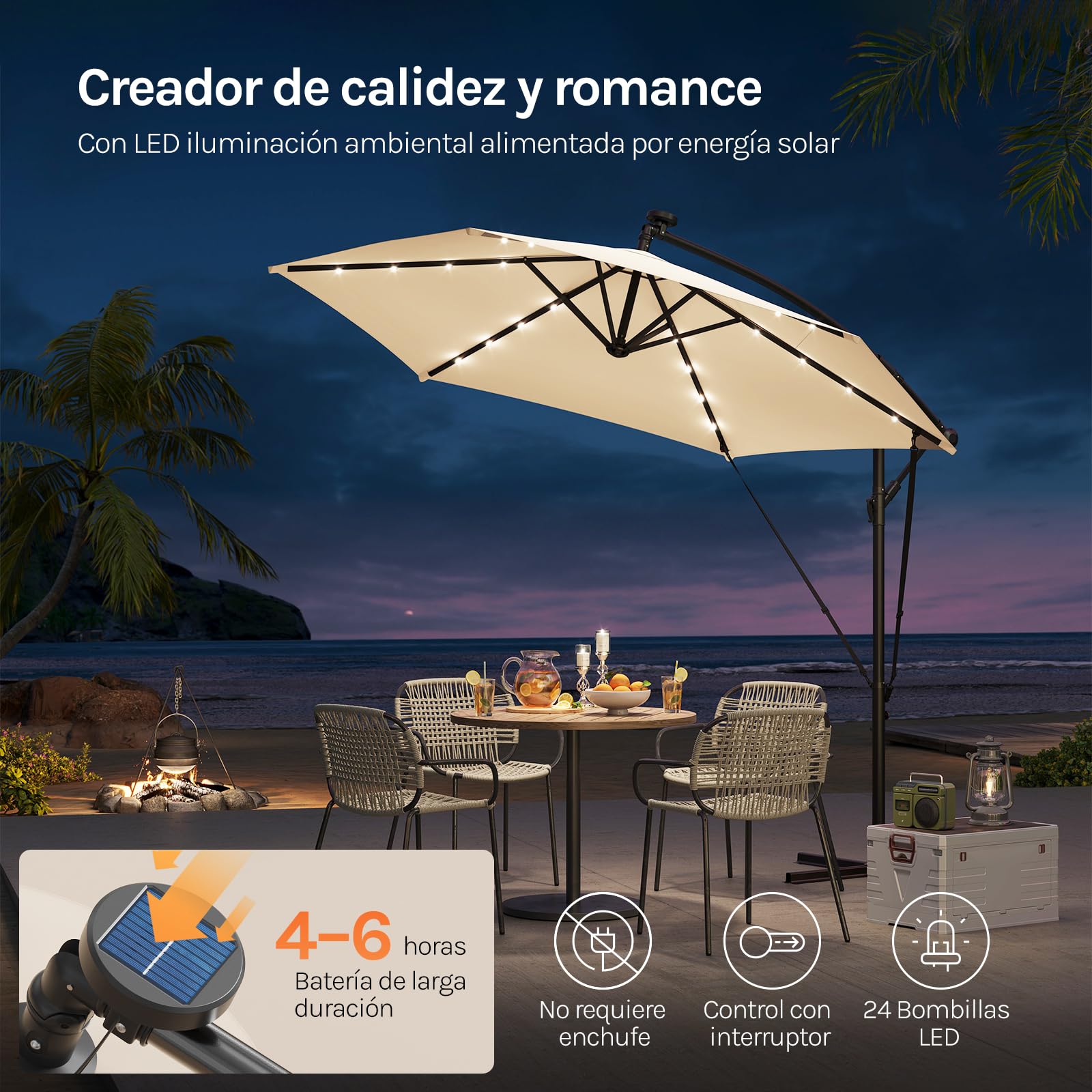 WOLTU Sombrilla de Patio φ 3 m con Luz LED, Parasol Grande Giratorio 360°, Ajustable en Ángulo, Protección UPF 50+ con Bolsa, Poliéster Resistente, para Jardín y Piscina