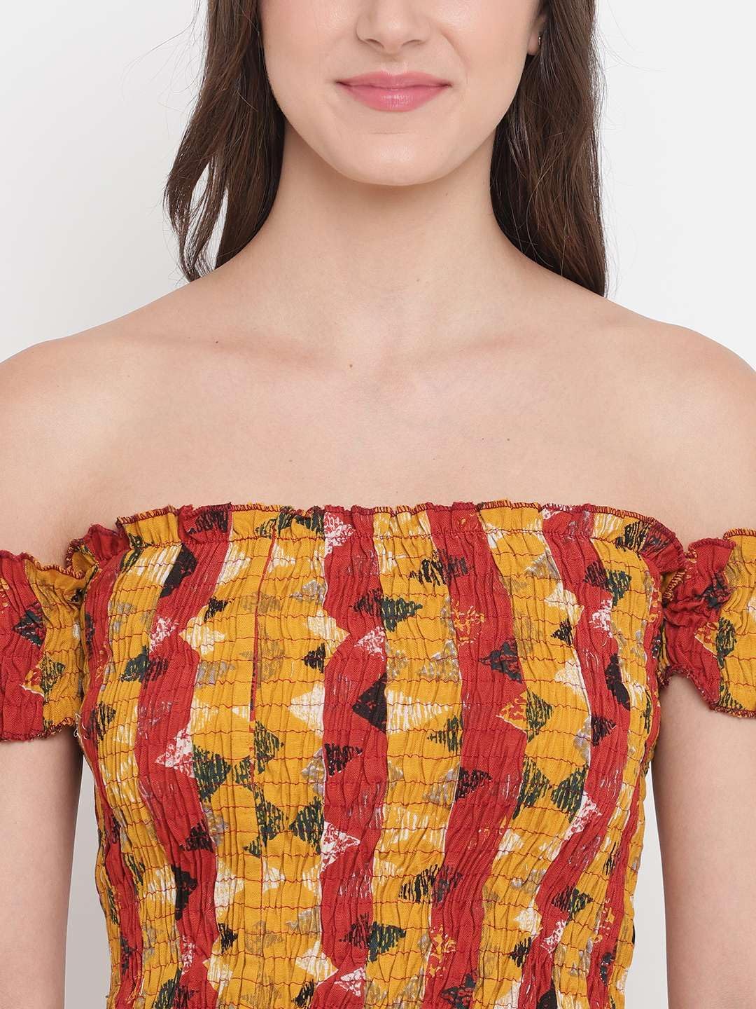 GrabMe Store Women's Rayon Printed Off-Shoulder Smocked Crop Top Short Sleeve Casual Styles Tank Top (Free Size) Multi39