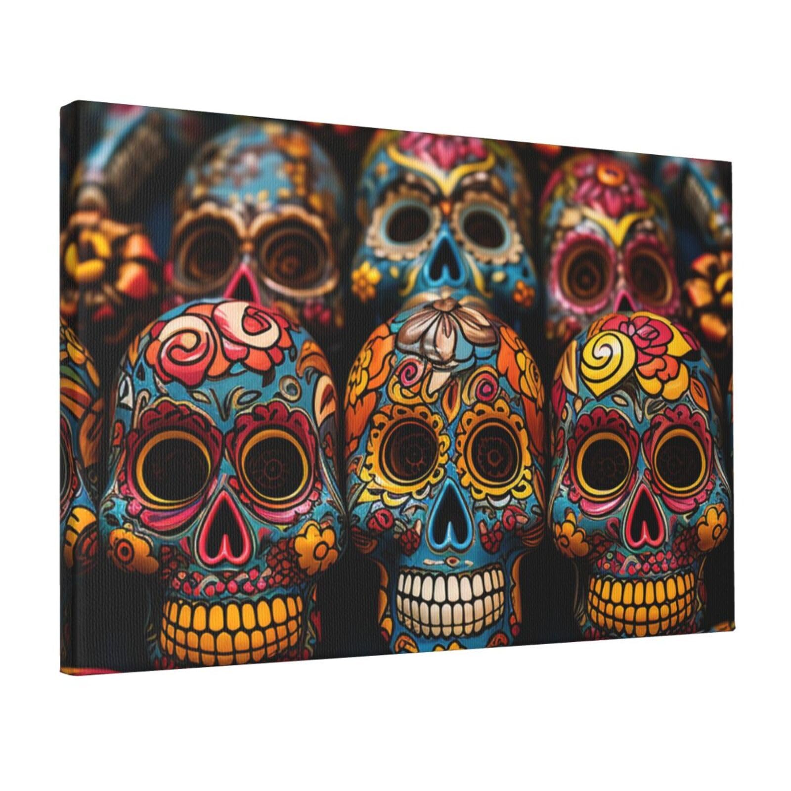 Fodpand Colorful Sugar Skulls Unframed Canvas Wall Art,Modern Posters Print Wall Decor Canvas Oil Painting For Bedroom Living Room Bathroom Wall Hanging Artwork Ready To Hang 12"X18"