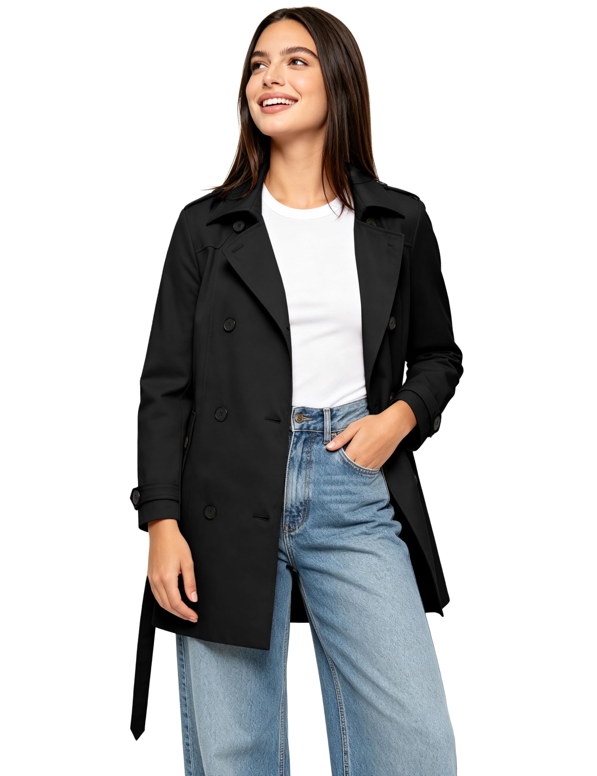Wantdo Abrigo Trench para Mujer Gabardina Impermeable con Doble Botonadura para Mujer Abrigo Ligero a Prueba de Viento Charreteras con Cinturón Chaqueta Ajustada
