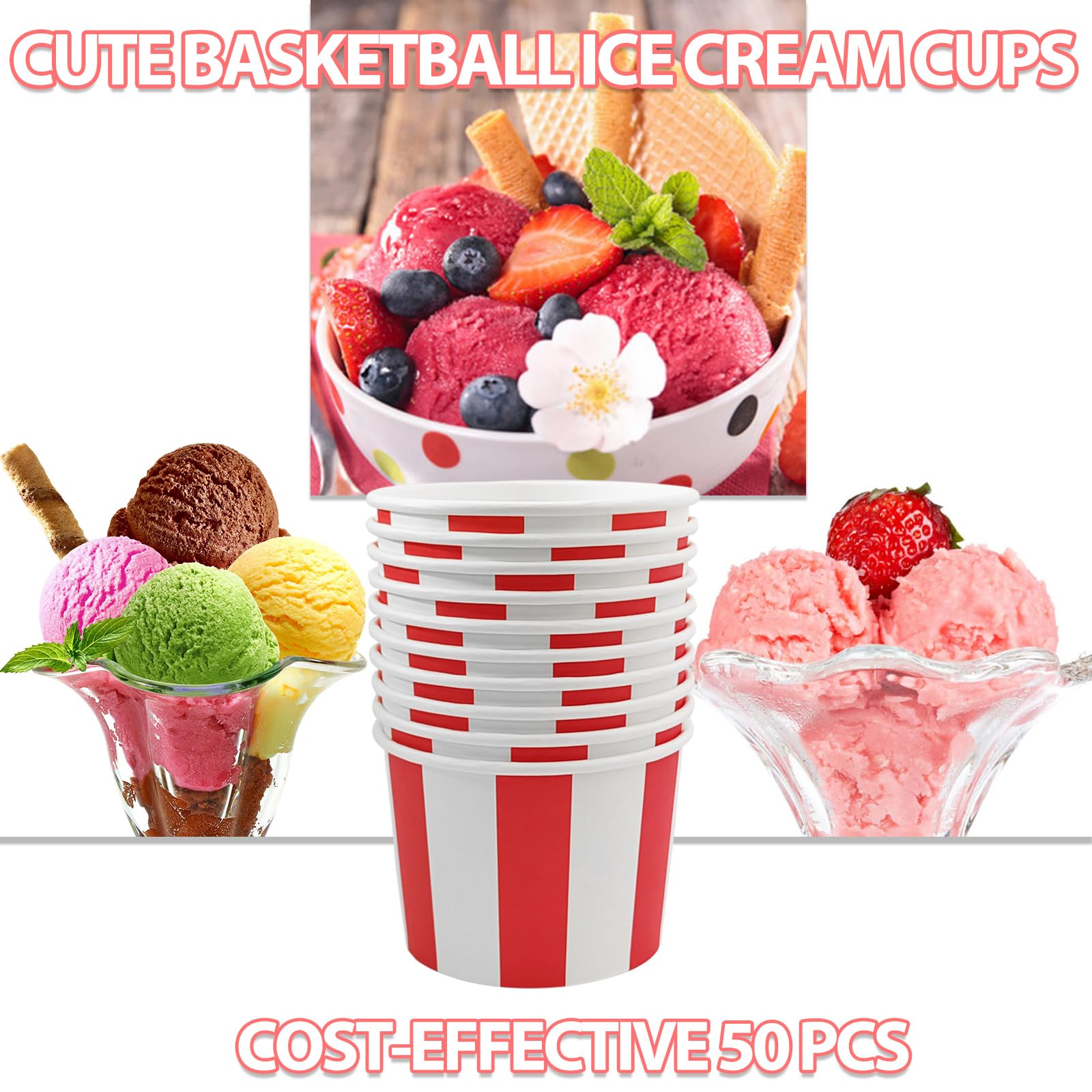 50 Rote Gestreifte Papier-Eisbecher – 266 Ml, Einweg, Für Weihnachten, Karneval & Partys
