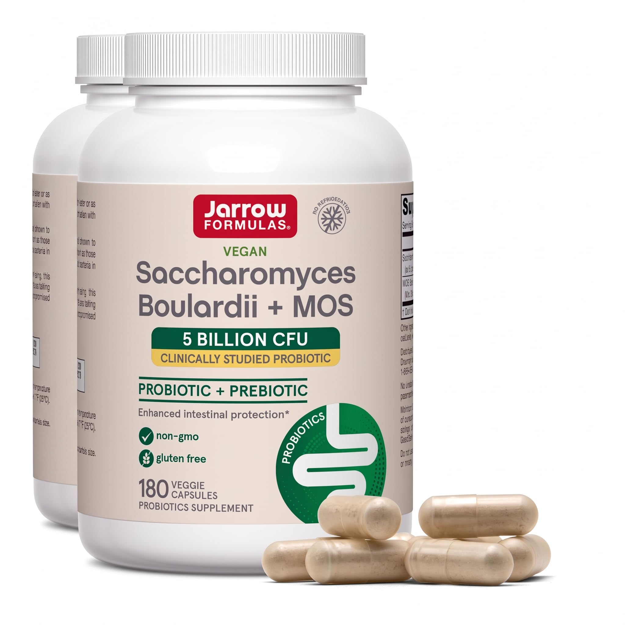Jarrow Formulas Saccharomyces Boulardii+MOS Probiotics for Digestive Health &amp; Intestinal Tract Support-5 Billion CFU Per Serving-180 Delayed Release Caps - Probiotic+Prebiotic-180 Servings,(Pack of 2)