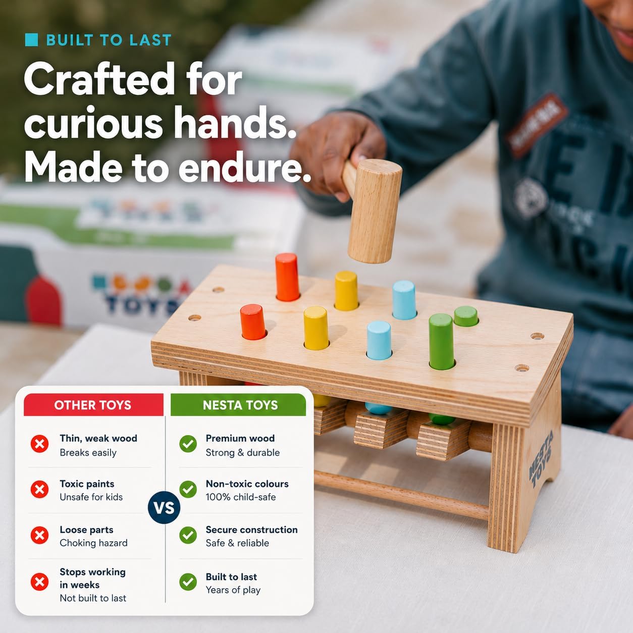 NESTA TOYS Wooden Pounding Bench Toy with Mallet | 8 Colourful Pegs - Flip, Pound & Repeat | Musical Toy - Sound on Every Hit | Builds Hand-Eye Coordination & Cause-Effect Learning | Ages 1-3 Years 3