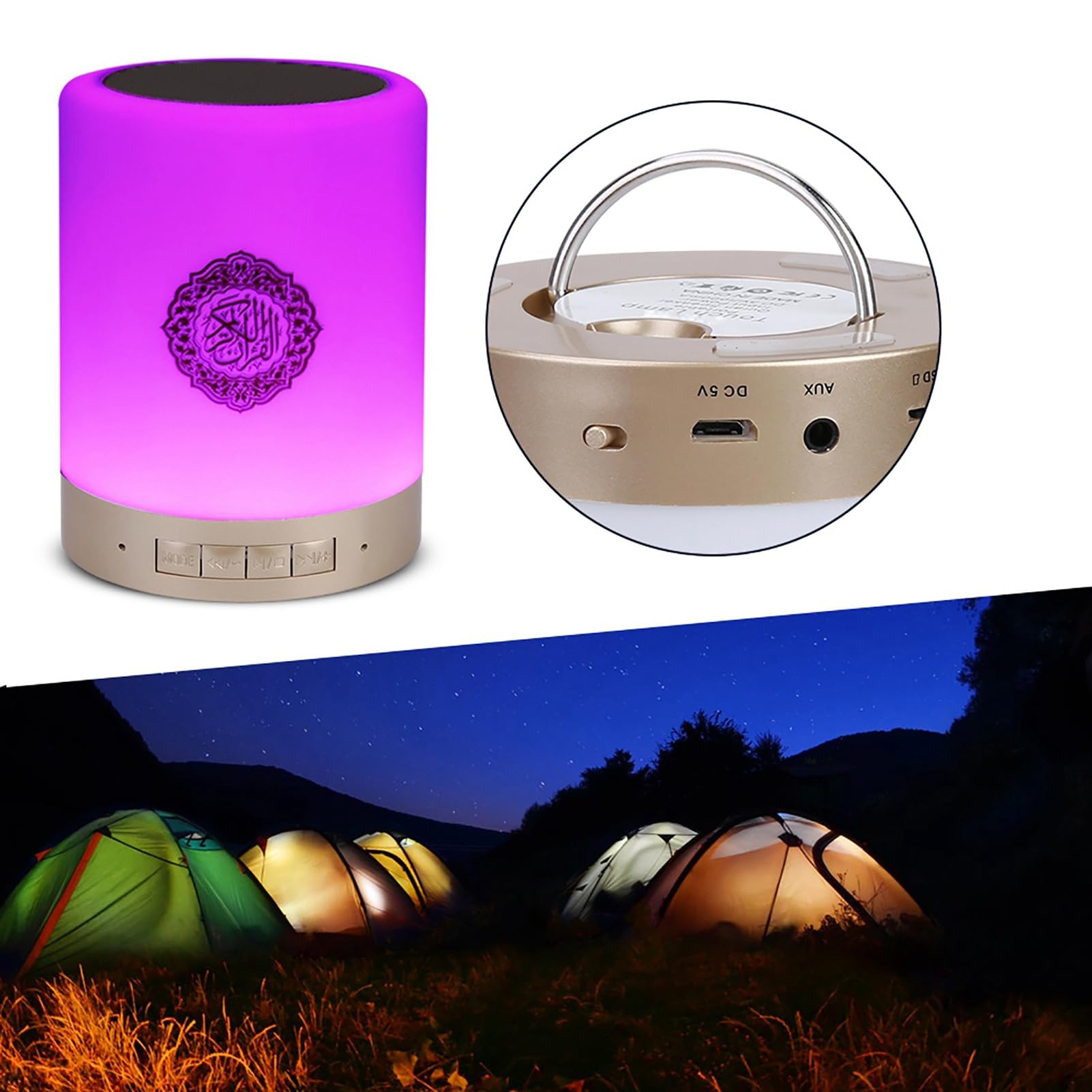 VBESTLIFE Haut-Parleur Bluetooth Portable, Lampe LED Tactile Multifonctionnelle avec Télécommande et Lecteur MP3 Coran en 17 Langues pour la Maison, Le Yoga, Le Camping
