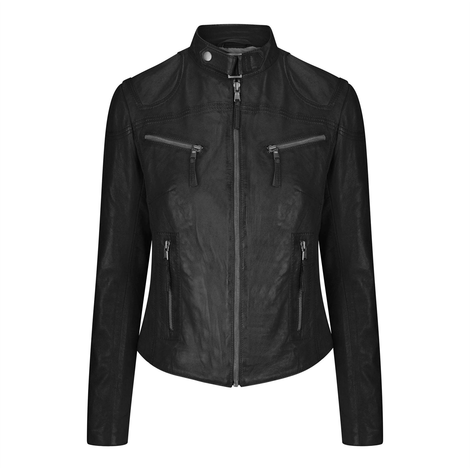 TruClothing Black Leather Biker Jacket - Nehru High Collar - Slim Fit - Zipped Sleeves - Women's L