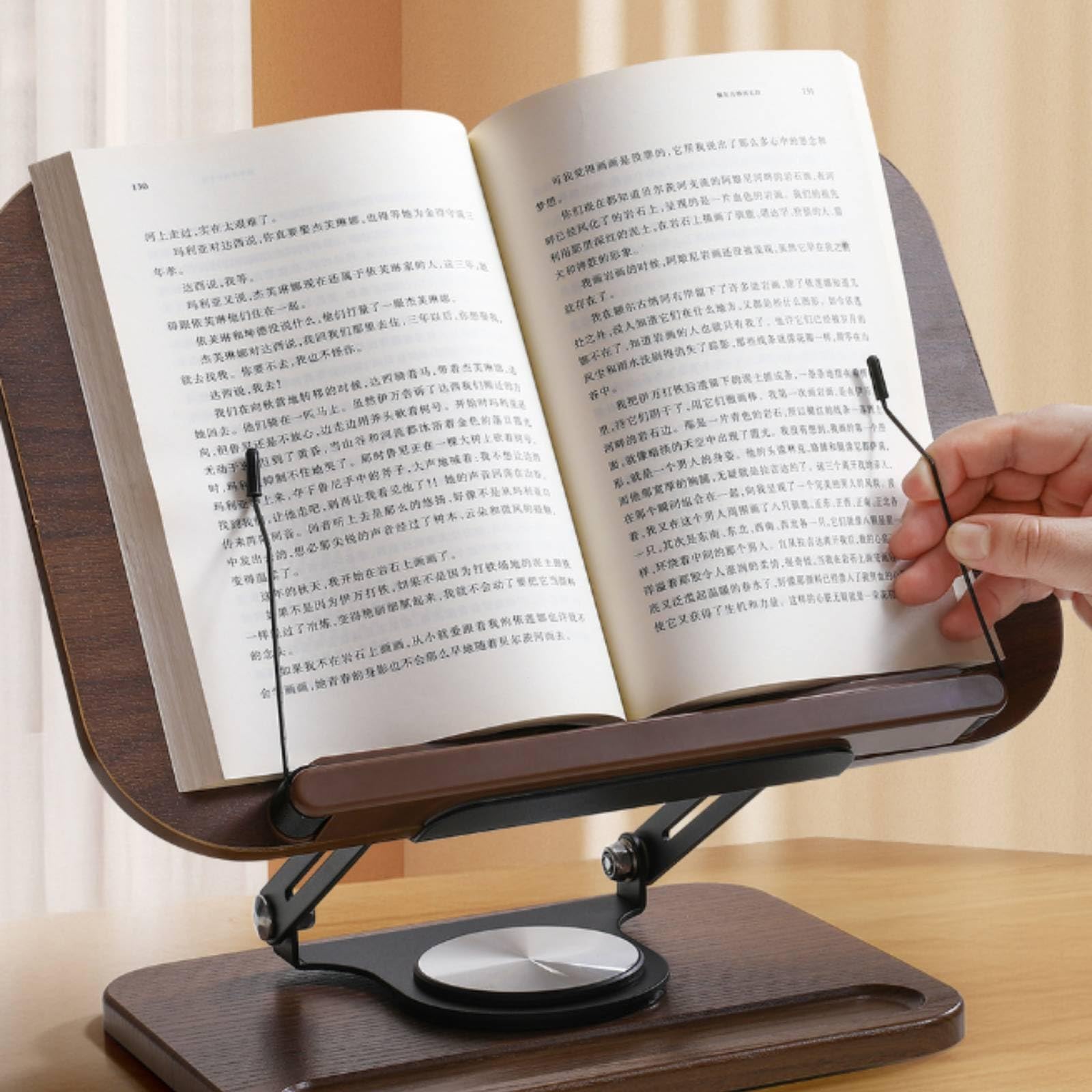 Atril Giratorio para Libros con Portadocumentos Soporte Ajustable Base Antideslizante Sujetapáginas Panel de Madera y Metálicos Rotación 360 Grados, color to 2, Grande