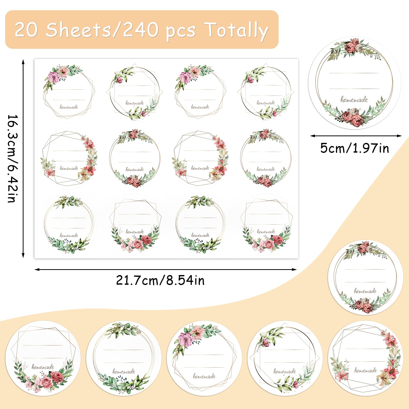 Marmeladenetiketten, 240 Stück Selbstklebend Klebeetiketten zum Beschriften | 5cm Floral Runde Aufkleber zum Beschriften von Gläsern, Flaschen und Backwaren, Küche Klebeetiketten