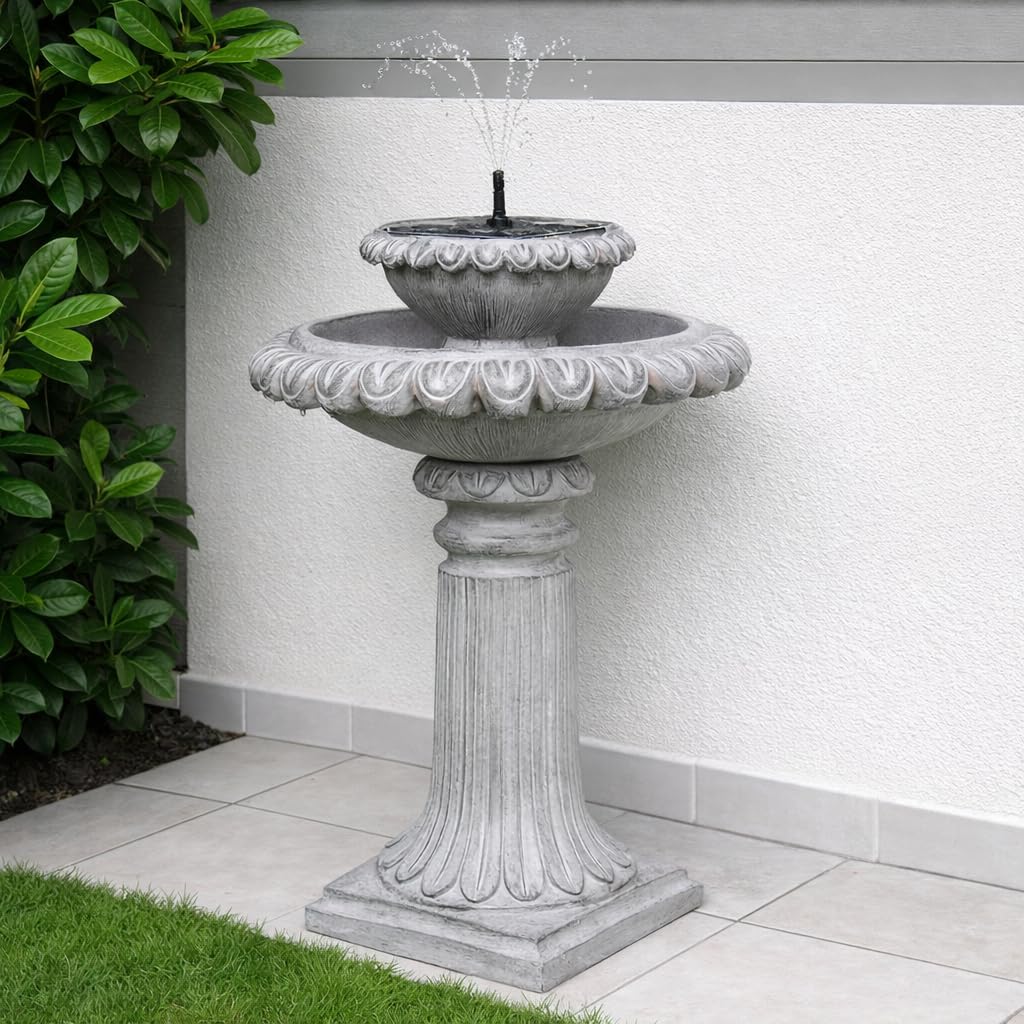 Festive Lights - 81cm Victoriana Solar Water Feature Bird Bath - Cascading Grey Stone Effect Fountain with Bright White LED, Integrated Solar Panel, IP44 Outdoor Garden Feature