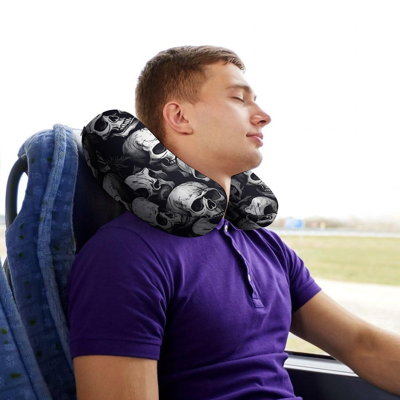 Almohada en forma de U con patrón de calaveras 1, núcleo de almohada de espuma viscoelástica, cojín, proporciona apoyo para el cuello, almohada de viaje, adecuada para aviones, coches