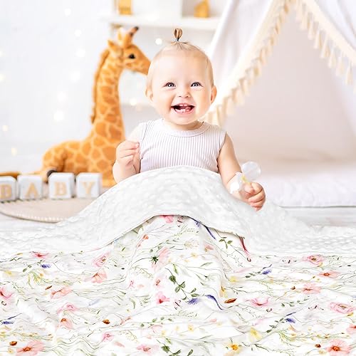 Miniatura 7 de Manta súper suave de Minky para niños pequeños, 30 x 40 pulgadas, doble capa, respaldo punteado, manta floral para cuna de bebé para guardería,