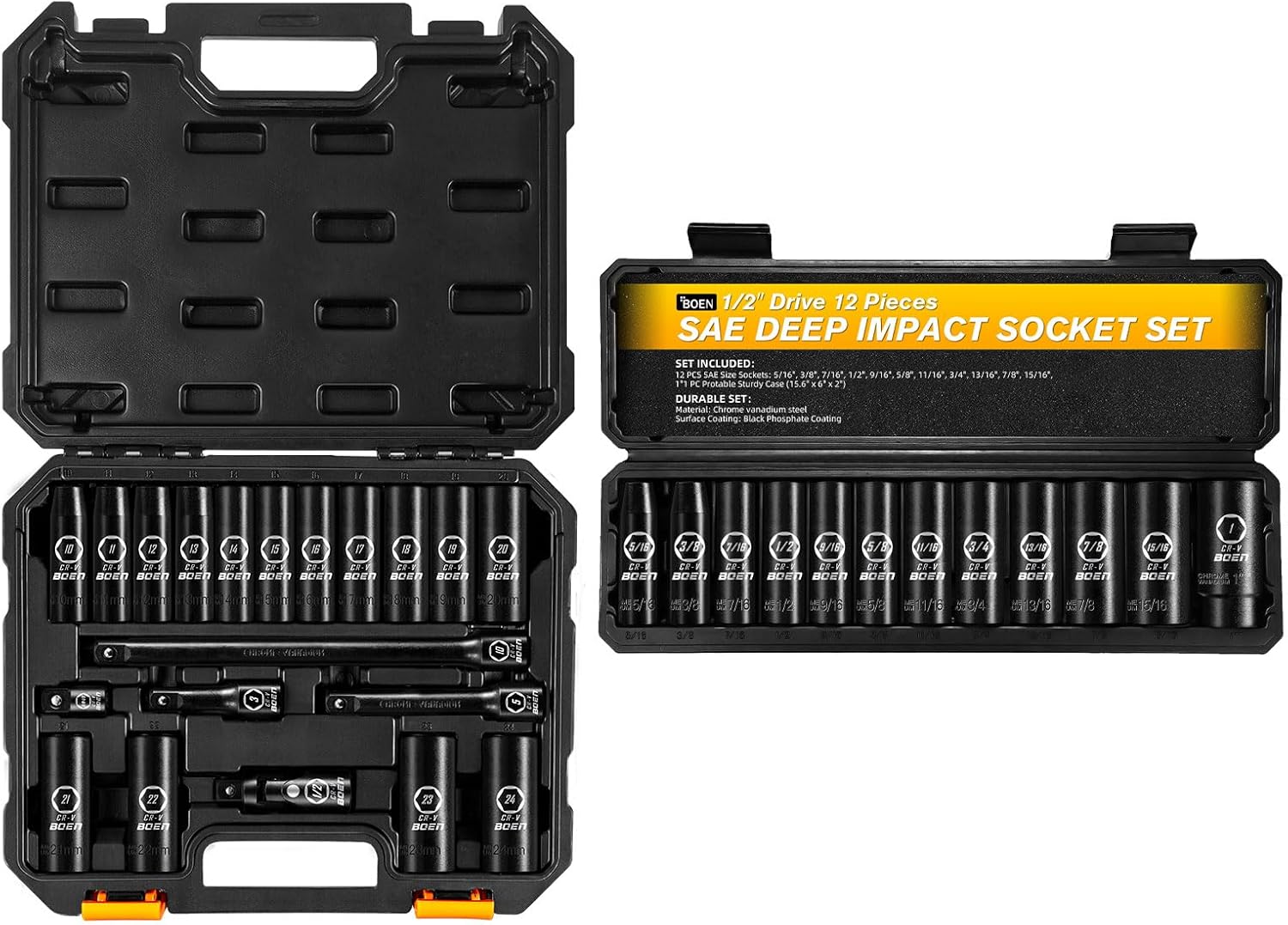 BOEN 32 Piece SAE and Metric 1/2 inch deep impact socket set, Black Phosphate Coating, 6 Point Design, Meets ANSI Standards
