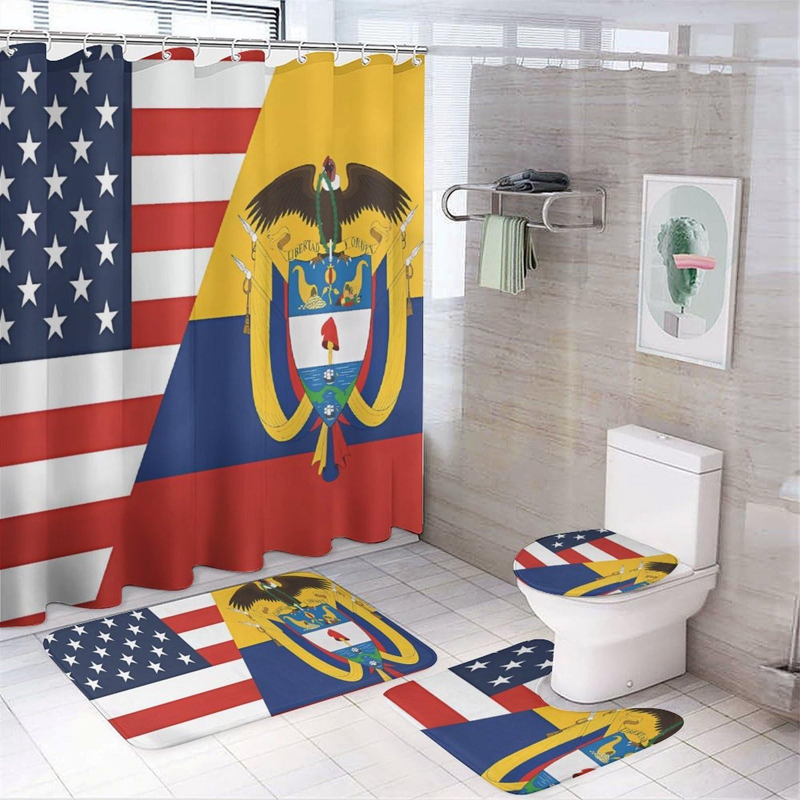 CGSBNGHA Flag of US Colombia Flag Shower Curtain Set 4 Piece Bathroom Sets with Rugs Toilet Lid Cover And U-Shaped Floor Mat