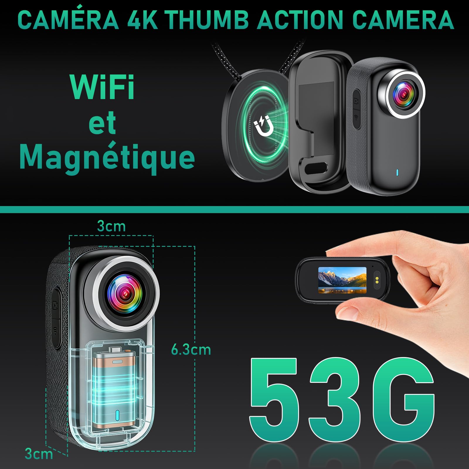 Caméra d'action WiFi 4K Étanche Minicaméra d'action pour Casque, Caméra de Sport WiFi 150° avec Écran 1,47 Pouces et Aimant, Petite Caméra Embarquée pour Moto, Vélo et Vlog de Voyage