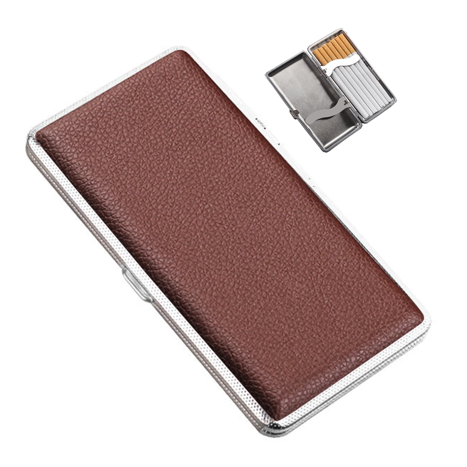 Lorxilar Brown Cigarette Case Holds 14 Cigarettes 120Mm Cigarette Case Holder Portable Double Sided Spring Clip,One Size,
