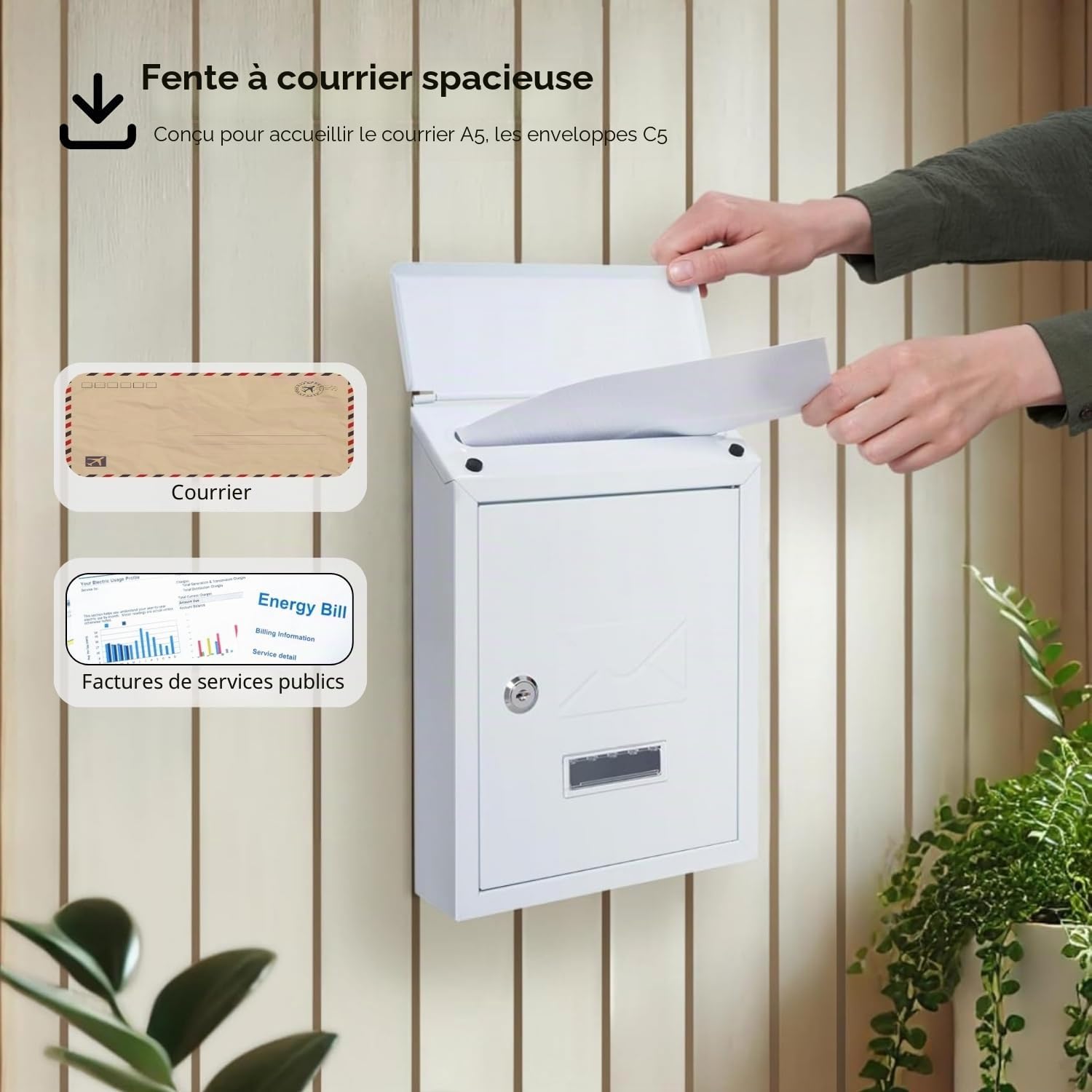 Assorted Collections Boîte aux Lettres Murale | verrouillable avec 2 clés | résistante aux intempéries boîte aux Lettres | Facile à Installer, 21 x 30 x 7 cm (Blanche)