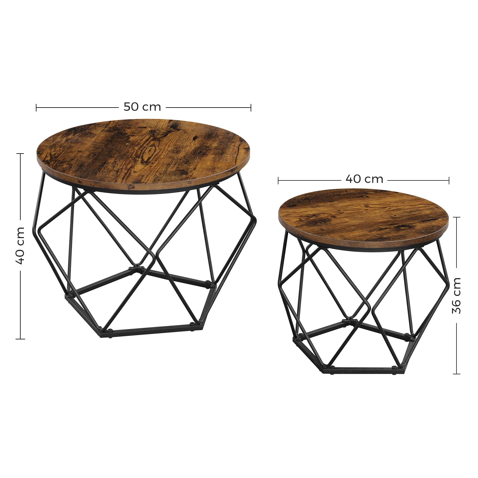 VASAGLE Couchtisch rund, 2er Set, Wohnzimmertisch, Beistelltisch, Vintage-Flair, abnehmbare Tischplatte, für Wohnzimmer, vintagebraun-tintenschwarz LET040B01