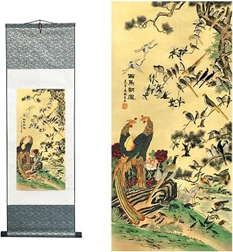 Chinese Art Painting Chinese Brush Landscape Ink Flower and Bird Painting Asian Tapestry Silk Scroll Painting Decor Wall Hanging Painting Hundreds of birds paying homage to the phoenix, 39" x 12"/100 x 30cm