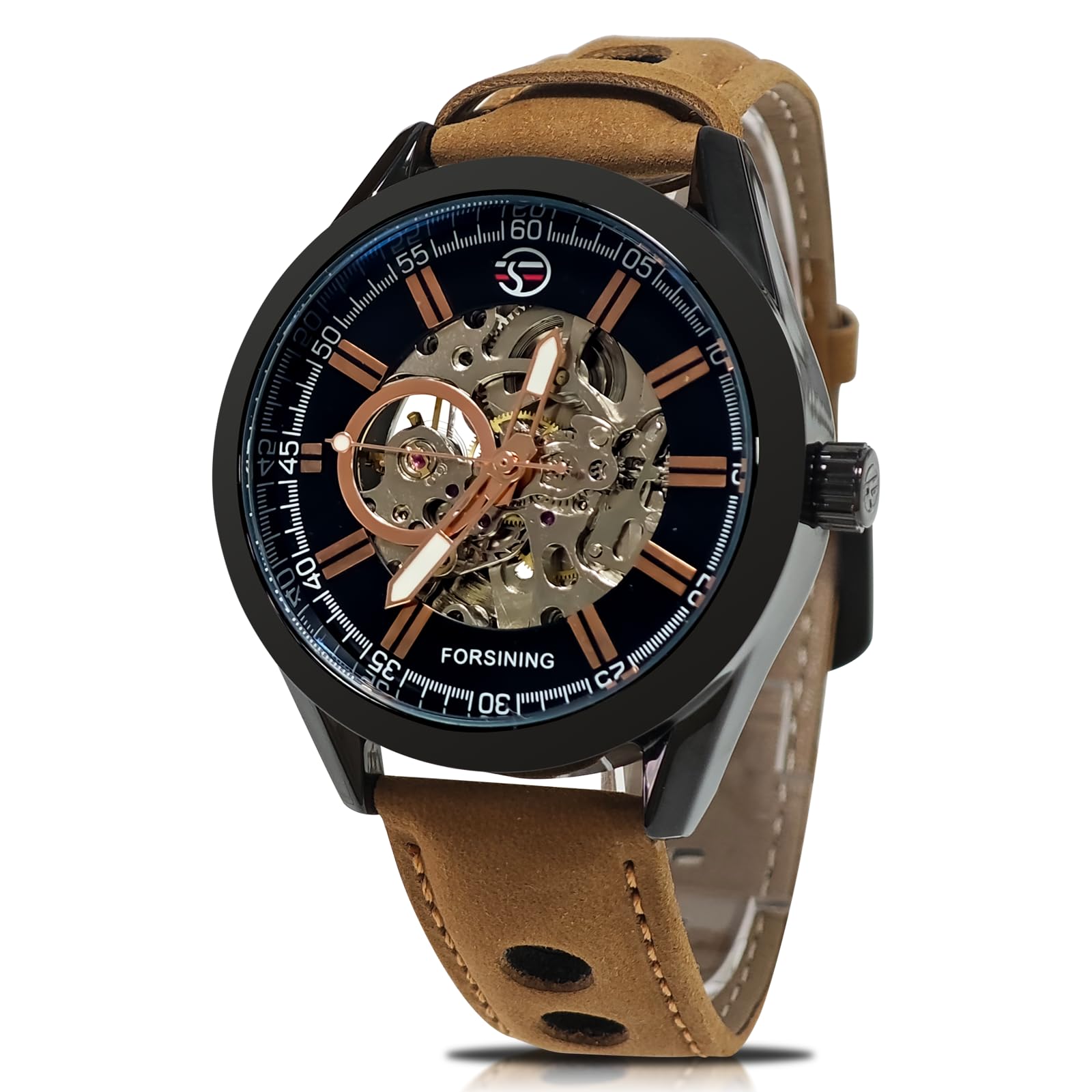 Mens Skeleton Automatic Mechanical Wrist Watch Analog Casual Brown Leather Clock
