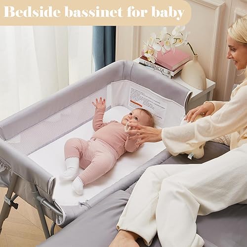 Miniatura 4 de Cuna para bebé con colchón de 5 niveles de altura ajustable, malla transpirable y mosquitera, cuna de viaje plegable portátil con ruedas de bloqueo