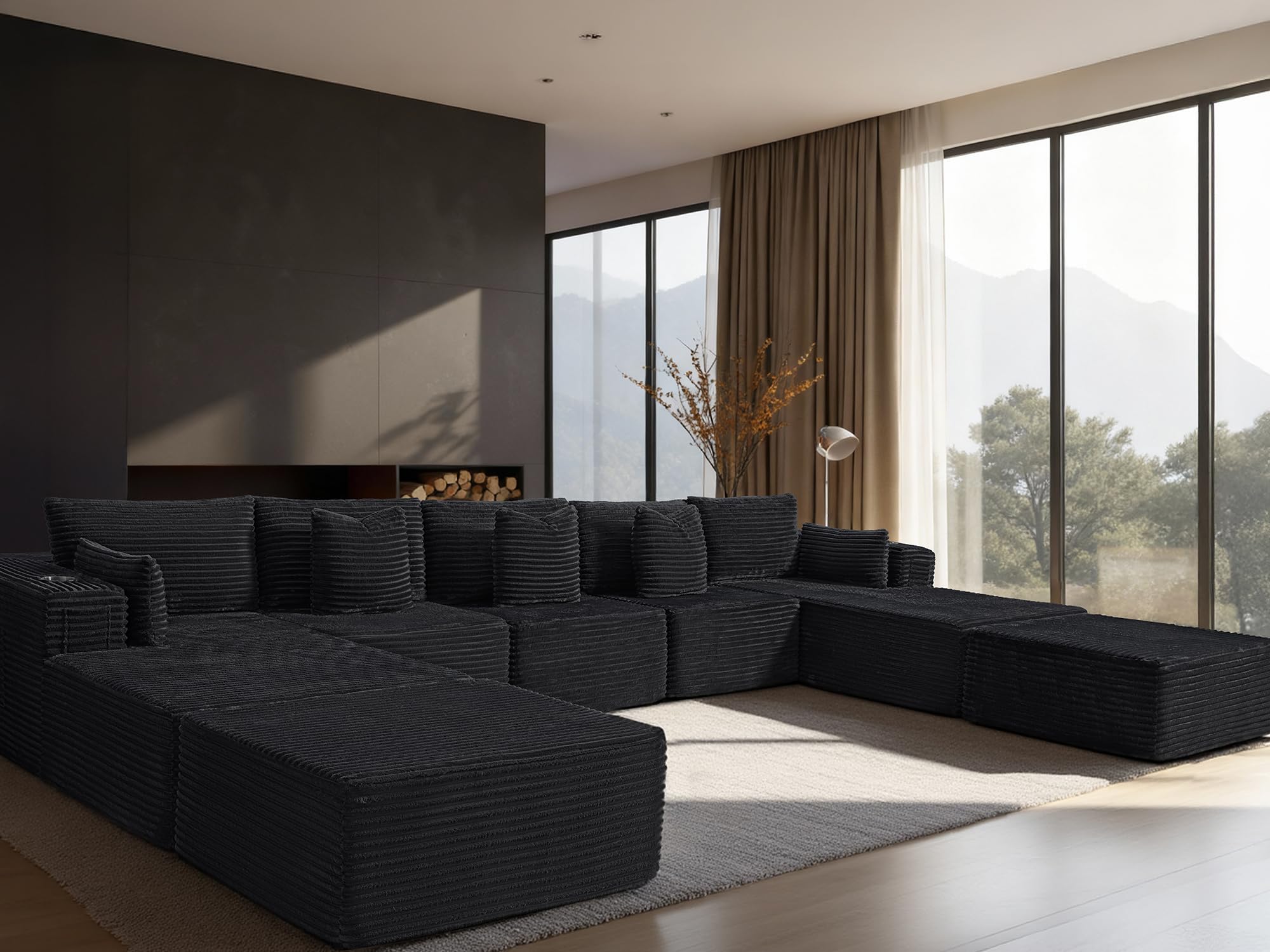 168" Cloud Sectional Couch, Comfort U Shaped Sofa for Living Room, Extra Deep Seats No Assembly, Minimalist Modular Couch, Corduroy (Black, 9 Seats,U-Shape B)