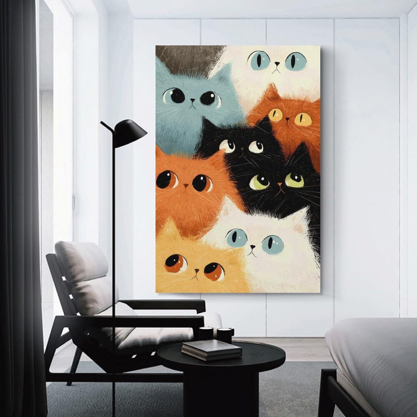 Junmoney Wall Decor Canvas Print Colorful Cats Illustration, 20x30inch(50x75cm), for Study, Office Or Apartment Decor, Canvas Artwork with Gifting Potential