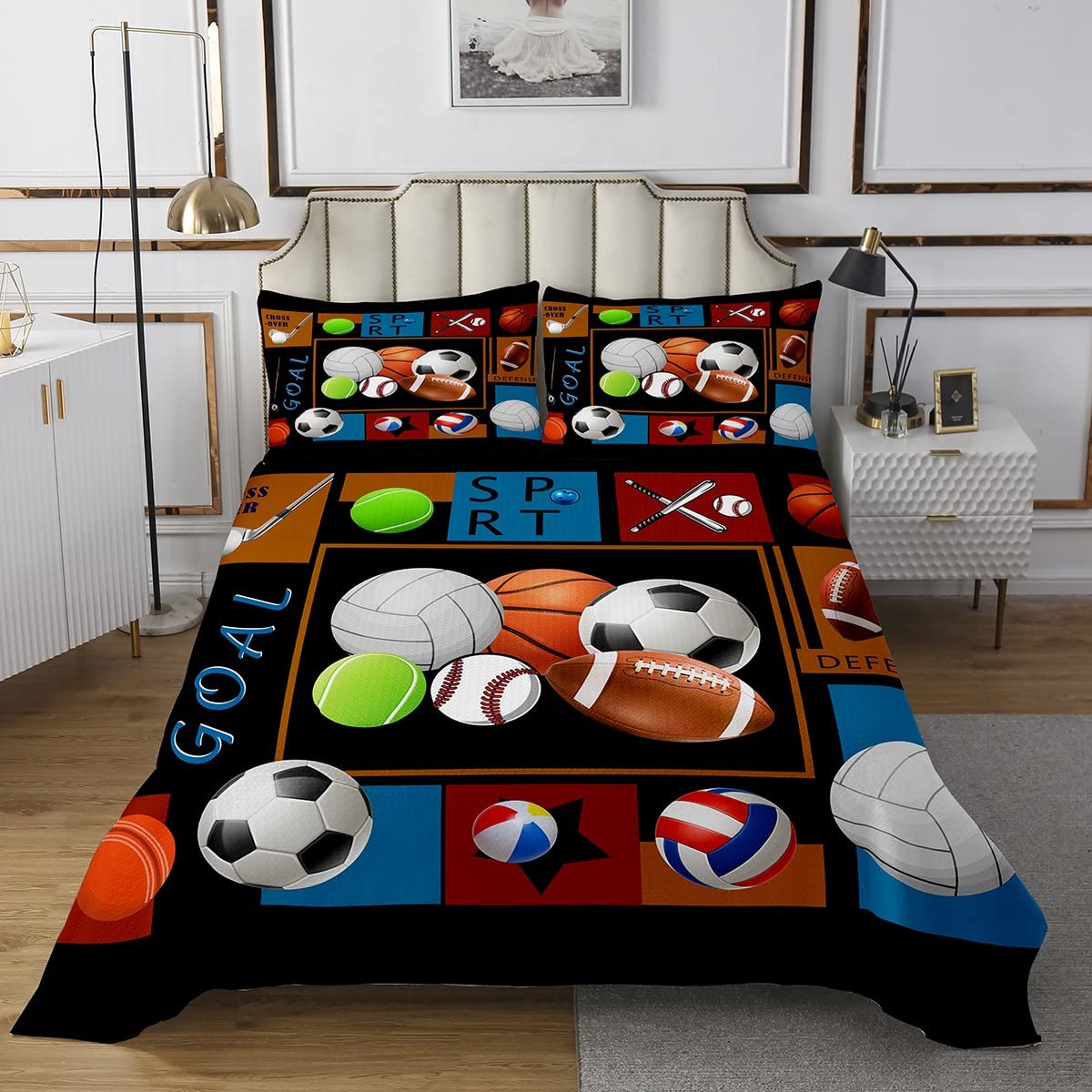 Baseball Piłka nożna Koszykówka Narzuta Zestaw Gaming Sport Pikowana Narzuta Pikowana Narzuta Pikowana Narzuta dla Chłopców Dziewcząt Gra Sportowa Sypialnia Dekoracja Pikowana Piłka Z 2 Poszewkami Na Poduszkę Podwójna
