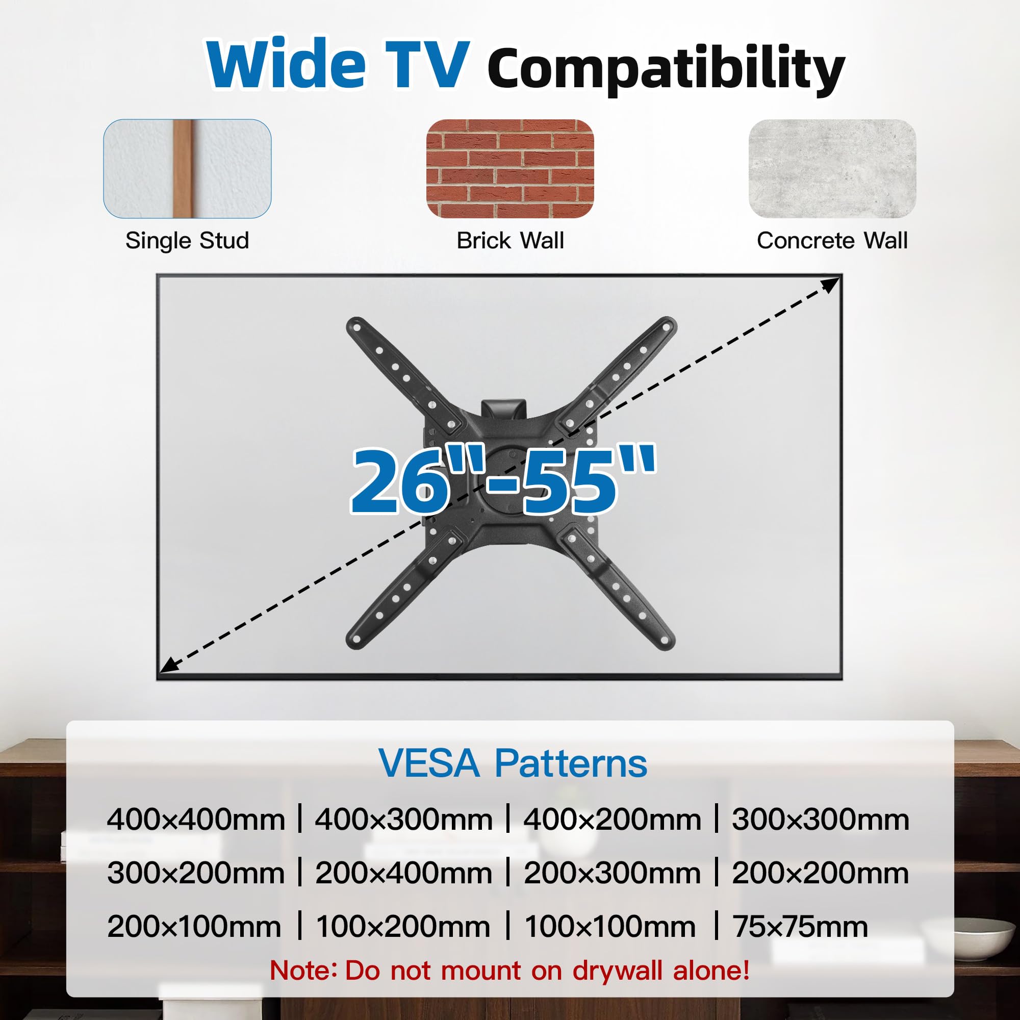 Supporto da parete per TV Full Motion, supporto da parete angolare per la maggior parte delle Smart TV da 26-55", supporto universale per TV a cerniera con bracci di prolunga, inclinabile, girevole