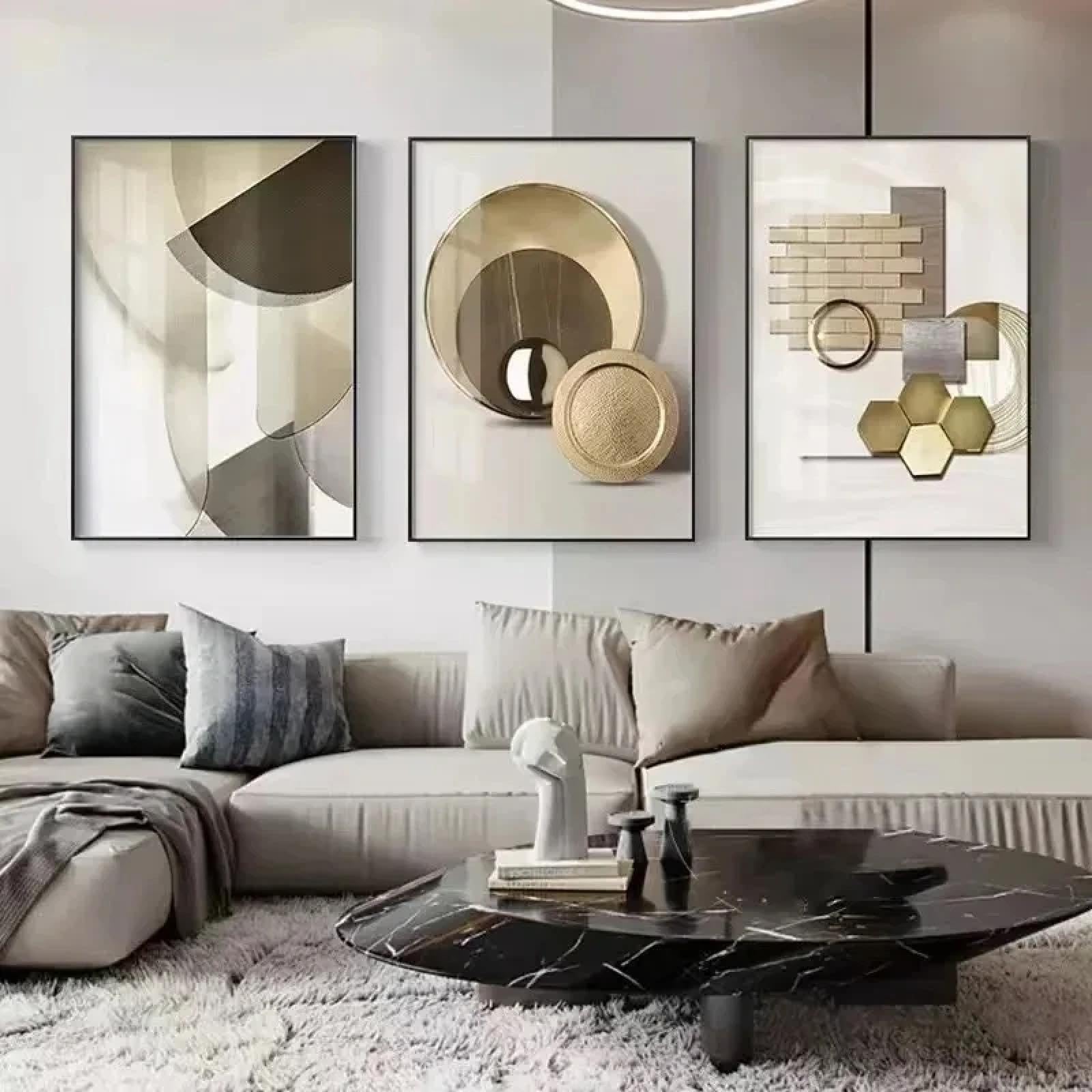 Toile géométrique dorée pour salon moderne | Triptyque chic 80x110cm - 8