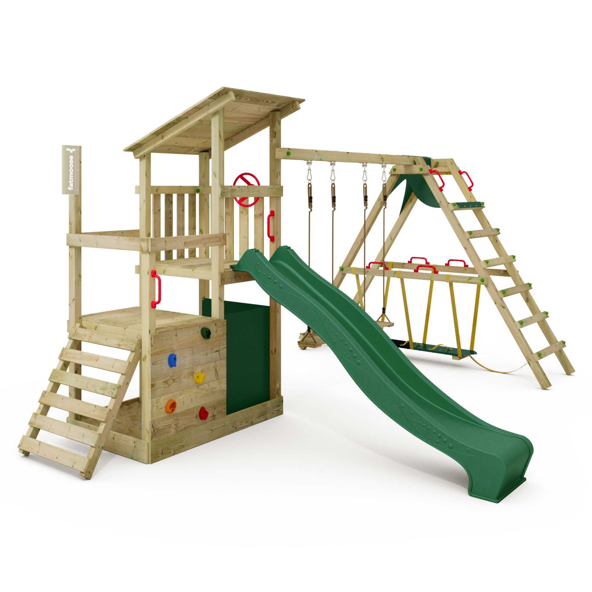 FATMOOSE Spielturm Klettergerüst FruityForest Fun XXL mit Surfanbau, Schaukel & Rutsche, Outdoor Kinder Kletterturm mit Sandkasten, Leiter & Spiel-Zubehör für den Garten (grün)