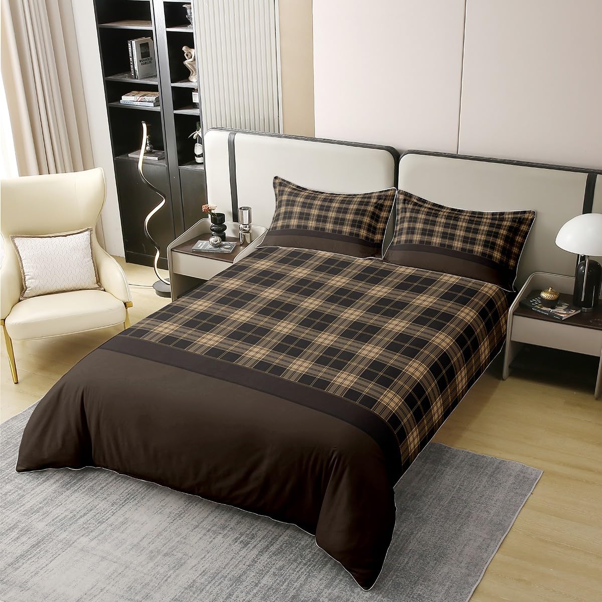 Homewish Vintage 100% Cotton Duvet Cover,Rustic Bedding for Boys Girls,Farmhouse Plaid Check Comforter Cover for Cabin Lodge,Geometric Lattice Bed Sets with 2 Pillowcases Breathable,Double,Brown - Image 2