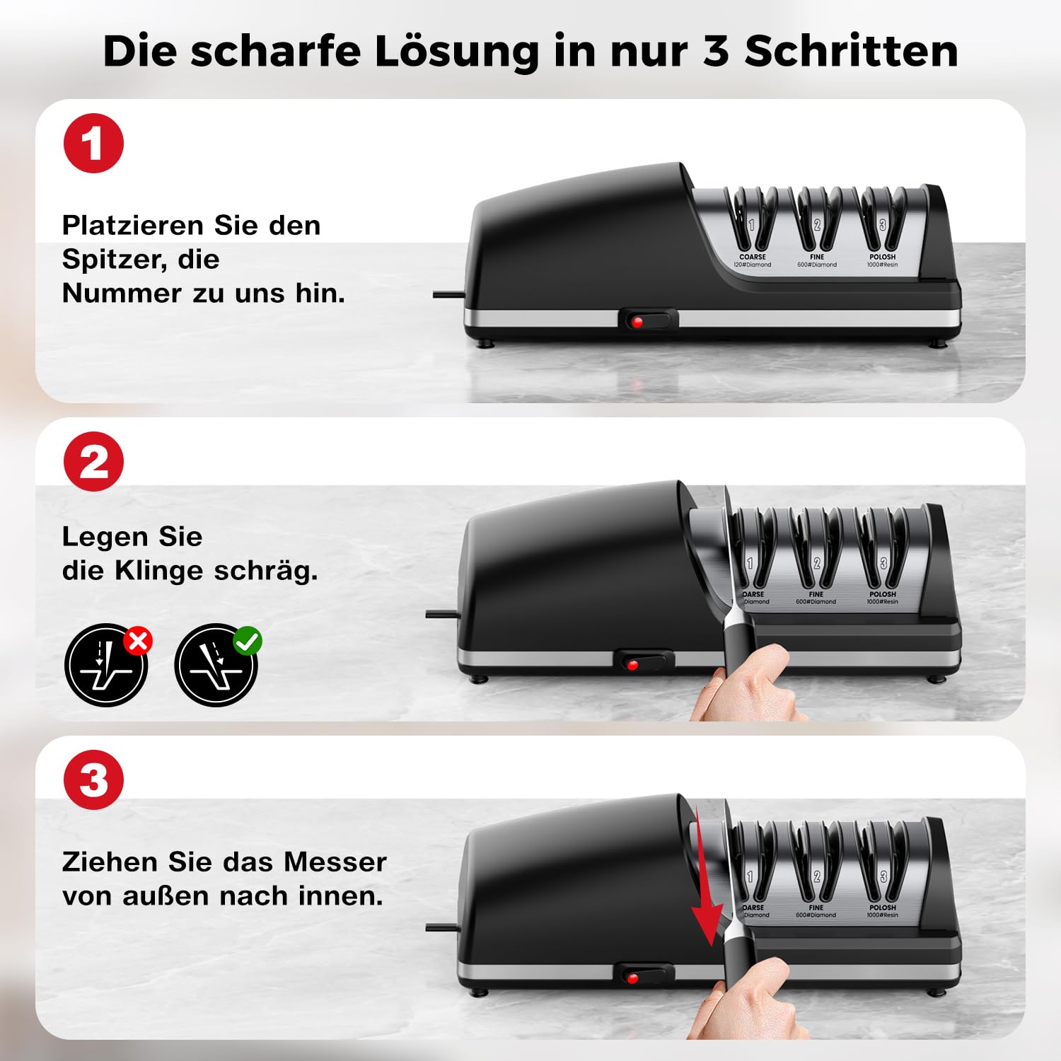 Professioneller Elektrischer Messerschärfer mit Diamant-Schleifköpfen und Präzisionswinkelführungen