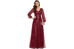 Women's Long Sparkly Sequin Formal Evening Cocktail Gown with Sheer Sleeves